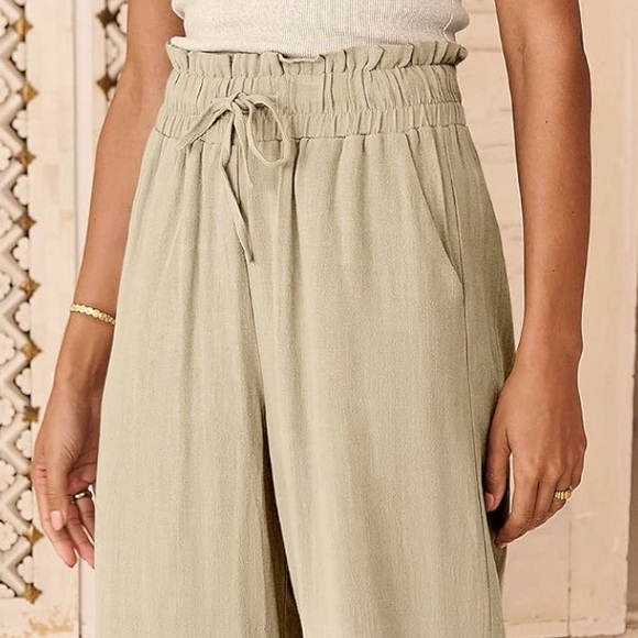 Linen Pants High Waist Drawstring Casual Wide Leg Capri Palazzo Pockets Coastal - Picture 7 of 9